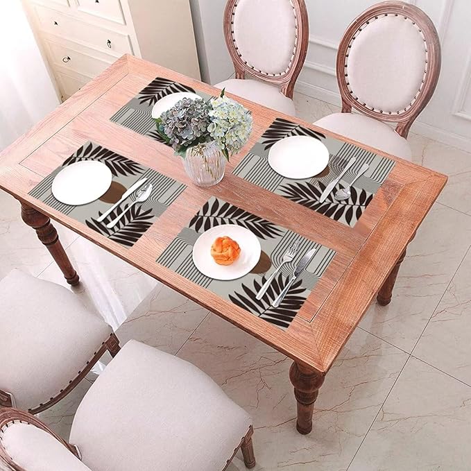 Mid Century Abstract Boho Placemats Geometric Neutral Beige Modern Leaf Plant Semicircle Art Washable Place Mats 12x18Inch for Dining Kitchen Farmhouse Decor 6 PCS