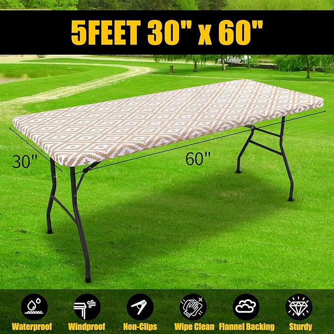 Smiry Rectangle Table Cloth Cover, Waterproof Elastic Fitted Picnic Tablecloth for 5 Foot Tables, Wipeable Flannel Backed Vinyl Tablecloths for Camping, Dining, Outdoor (Khaki, 30" x 60")