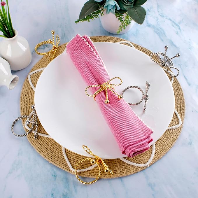 CLEENTABLE Elegant Metal Napkin Ring Set of 12 - Bow Napkin Ring with Sturdy Design - Handmade Napkin Holders for Wedding, Dinner, Parties, Dining Room, Family Gathering (Gold & Silver)