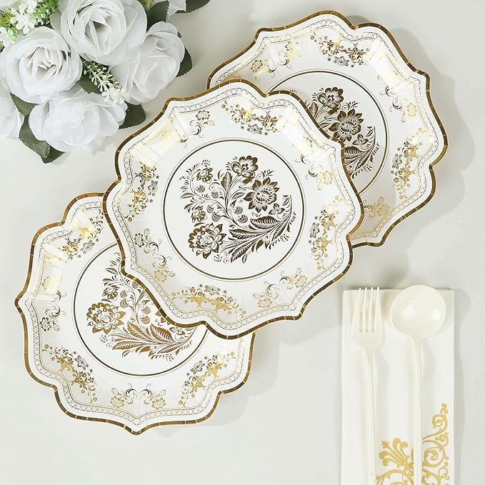 50 Pack 8" White Gold French Toile Dessert Plates, Disposable Round Paper Floral Pattern Appetizer Salad Plates 300 GSM for Party Decoration