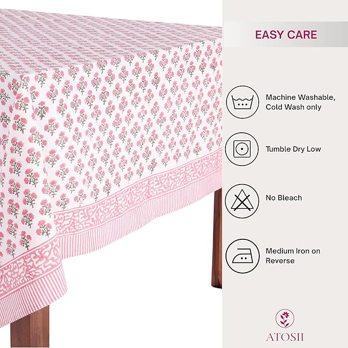 ATOSII Gulbahar White Pink 100% Cotton Fall Rectangle Tablecloth, Hand Block Print Washable Table Cover, Christmas Parties Buffet Dining, Weddings, Thanksgiving, Halloween, 60 X 108 Inches 8 Seater