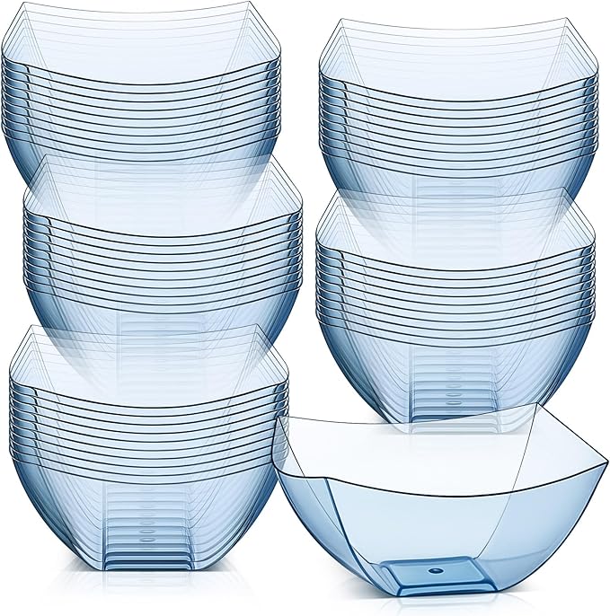 Tanlade 50 Pcs Square Plastic Serving Bowls Disposable Snack Salad Bowl Small Party Candy Bar Containers Taco Bar Serving Dishes for Buffet Chips Fruit (8 oz,Blue)