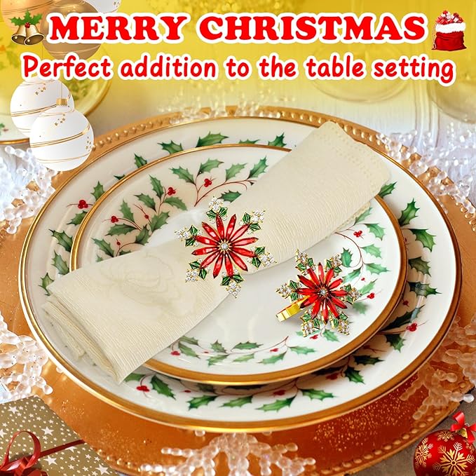 ZeeDix Christmas Crystal Snowflake Napkin Rings Set of 12- Rustic Dinner Tables Setting Decoration for Wedding Receptions, Christmas Holiday Party Dinner Parties