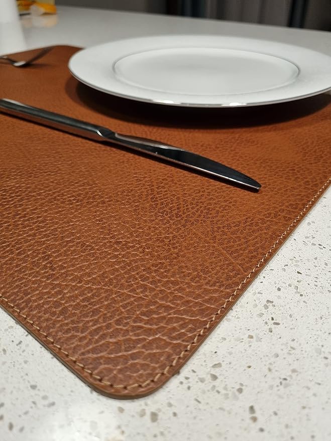 Nikalaz Set of 4 Small Placemats and 4 Coasters Made of Recycled Leather (15.75''x11.81'', Dirty Brown)