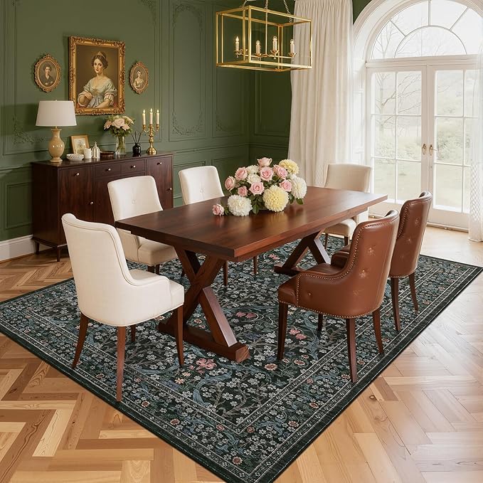 GarveeHome Washable Rug for Living Room, 8x10 Large Area Rug for Dining Room Under Table, Bedroom, Floral Soft Low Pile Non Slip Stain Resistant Carpet for Nursery, Playroom, Office, Dark Black