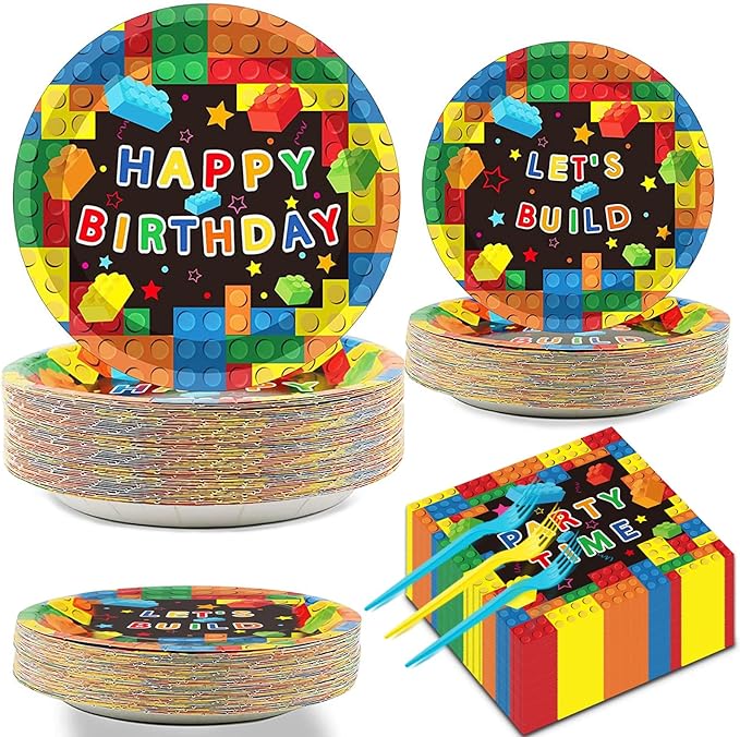 200 Pcs Building Blocks Birthday Party Supplies Paper Plates Napkins Colorful Blocks Party Birthday Decorations Favors for Kids Bricks Serves 50