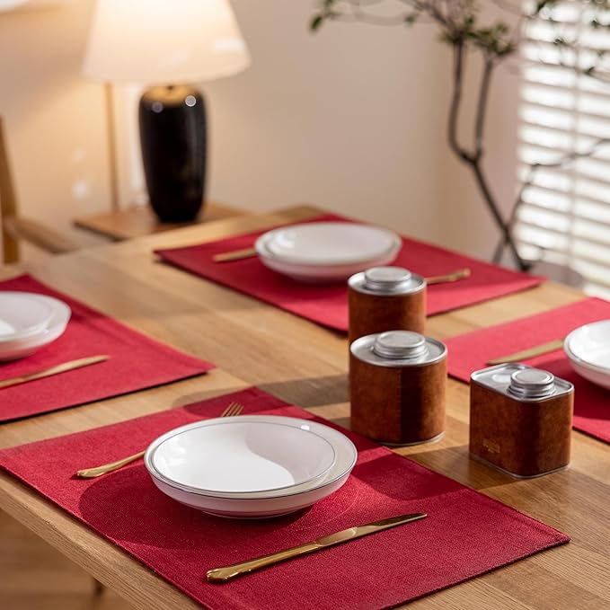 Demetex Valentines Placemats Set of 4 Heat Resistant Red Linen Place Mats Wipeable Cloth Placemats for Party Wedding Holiday Dinner, 13 x 19 inches, Wine Red