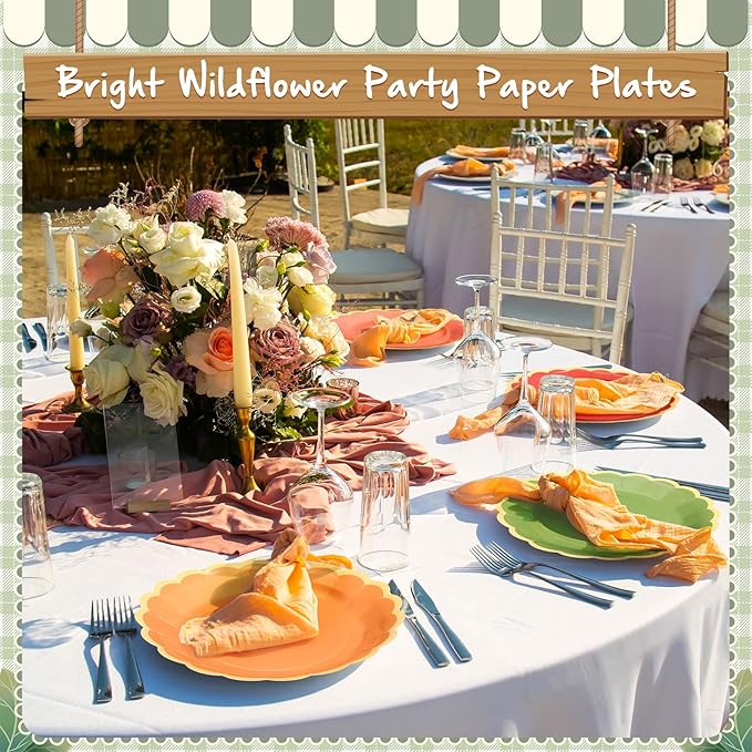 48 Pcs Fall Wildflower Color Paper Plates 9 Inch Colorful Boho Scalloped Paper Disposable Dinner Dessert Plates for Autumn Thanksgiving Birthday Wedding Bridal Party Supplies, 6 Colors