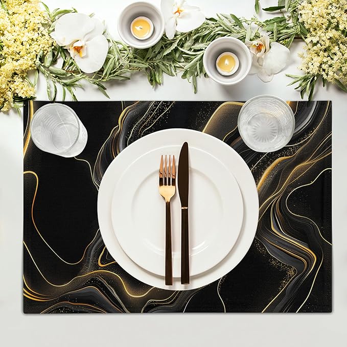 Black and Gold Placemats - Marble Place Mats Set of 4 Modern Placemats 12x18 for Dining Kitchen Farmhouse