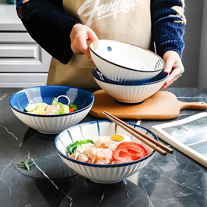 Porcelain 8 Inch Ramen Bowls Set of 4, 38 Oz Ceramic Soup Bowls for Udon, Soba, Noodles and Soup, Ideal for Japanese Cuisine Home Kitchen Dining, Blue and White