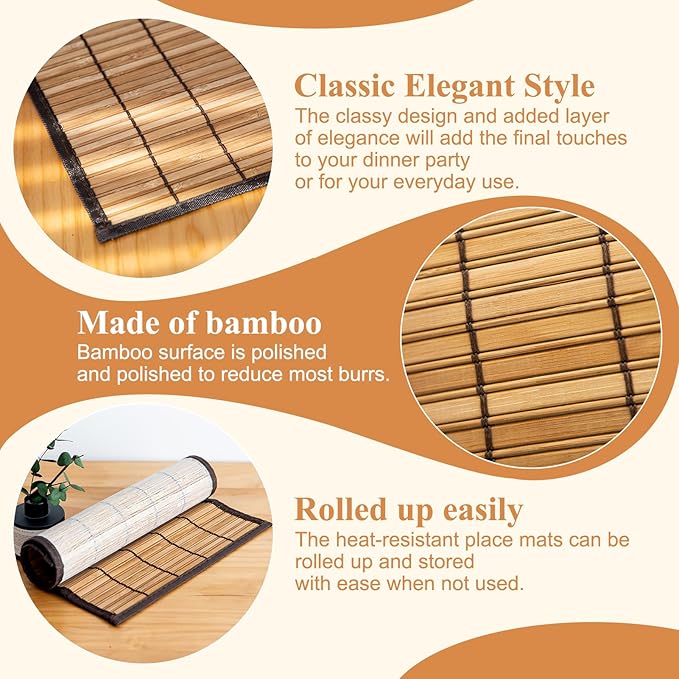 Bamboo Placemats with Fabric Border Set of 4 Natural Bamboo Rectangular Rolling Table Mats for Dining Kitchen Table Heat Resistant Table Protection Brown