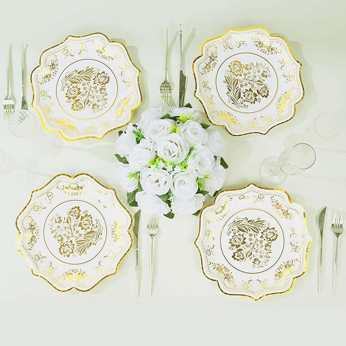 50 Pack 10" White Gold French Toile Dinner Plates, Disposable Round Paper Party Plates 300 GSM for Festive Table Decoration
