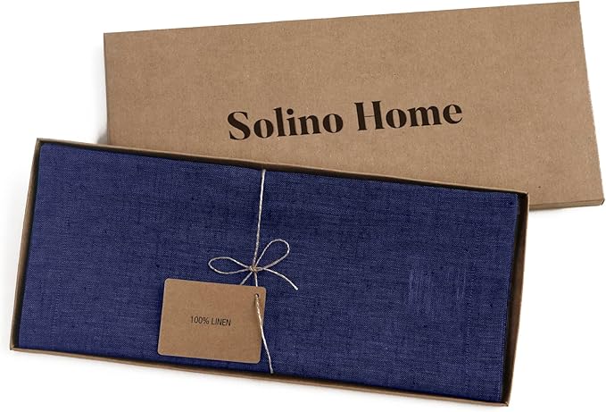 Solino Home Linen Table Runner 48 Inches - 100% Pure Linen Chambray Navy Table Runner 14 x 48 Inch Ideal for Dresser and Coffee Tables - Winter, Spring - Athena