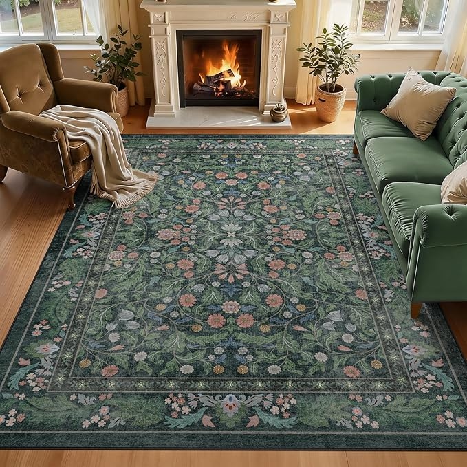 Green Floral 5x7 Area Rugs for Living Room Large Washable Rug Vintage Forest Low Pile Non Slip Stain Resistance Soft Carpet for Dining Room, Bedroom, Office Rug, Kids Room, Nursery Room, Playroom