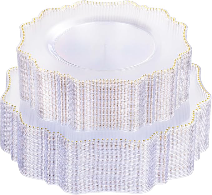 COLOSUS 100pcs Clear and Gold Plastic Plates Disposable Heavy duty Plastic Party Plates set Include 50 dinner plate and 50 dessert/salad plate for party/wedding
