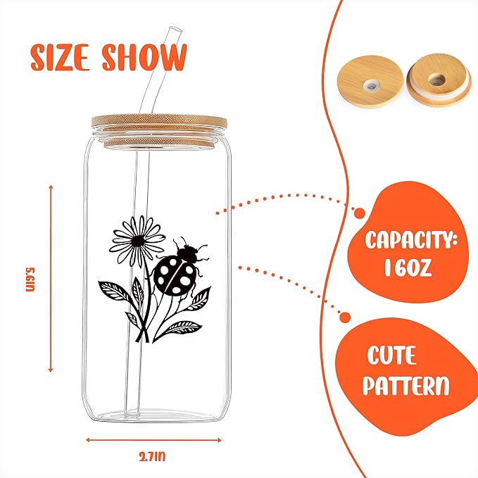 Cute Ladybugs Glass Cup With Lids And Straws, Ladybugs Gift For Women, Iced Coffee Cup, Iced, Coffee, Smoothie, Cocktail, Beer, Whiskey, Soda, Matcha,16 Oz, Home Office Table Desk Decoration!