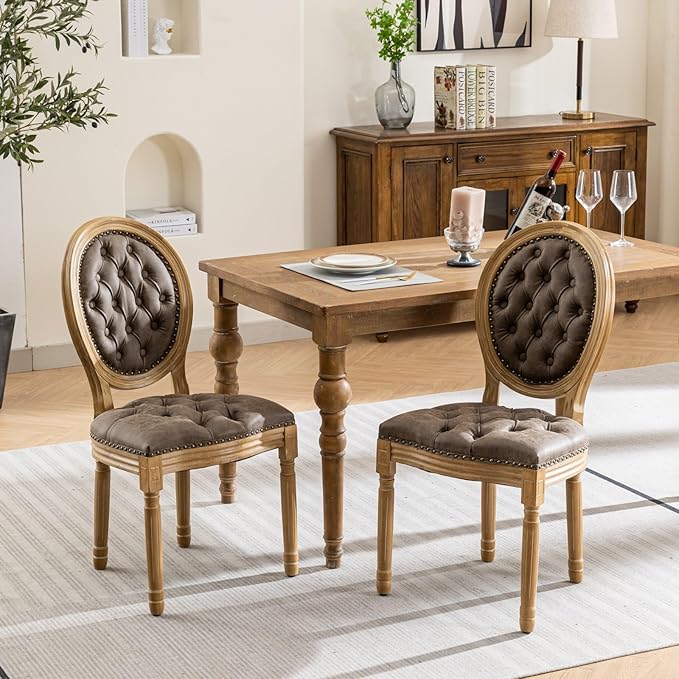 Ball & Cast French Vintage Upholstered Dining Chairs Set of 2, Button Tufted Kitchen Side-Chairs with Carved Antique Wood Frame & Nailhead Trims, PU-Leather Curved Backrest Louis Chair, PU Brown