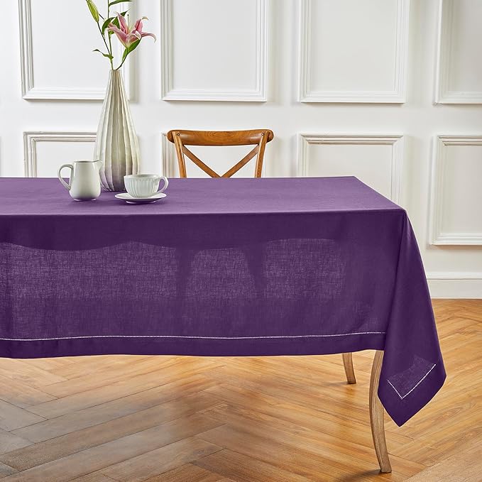 Solino Home Linen Tablecloth 60 x 108 Inch - Classic Hemstitch 100% Pure Linen Purple Table Cloth for Rectangle Tables - Machine Washable Tablecloth for Valentines, Spring, Easter