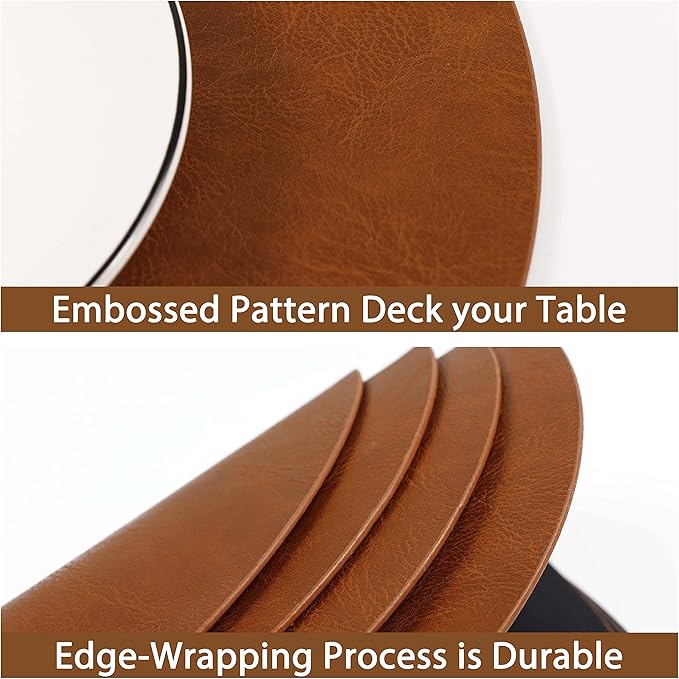 Embossed PU Leather Placemats, Waterproof Coffee Coasters, Kitchen Table Mats, Easy to Wipe Off for Dining Round Table