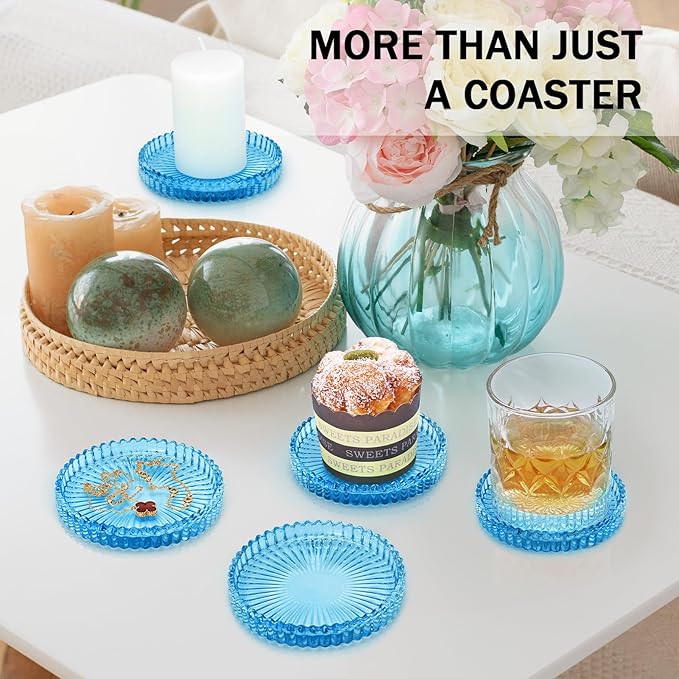 Vintage Glass Coasters, GOH DODD Set of 8 Crystal Coasters Tabletop Protection for Drinks, Home Decor, Kitchen, Living Room, Patio, Wedding, Party, Housewarming Gifts, Clear Blue