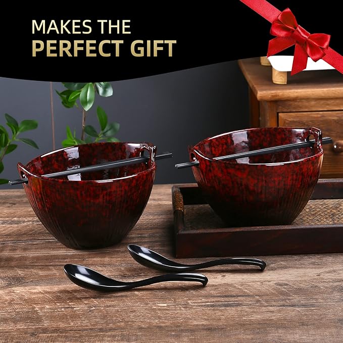 Ramen Bowl with Chopsticks and Spoons, Ceramic Set of 2, Dishwasher Safe for Pho Udon Soba Noodle Salad Pasta, Special Reactive Glazed Crimson Bowls Set