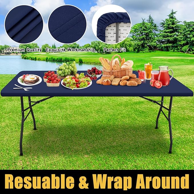 Smiry Rectangle Picnic Table Cloth, Waterproof Elastic Fitted Tablecloths for 4 Foot Tables, Washable Polyester Table Cover for Camping, Indoor and Outdoor (Navy, 30"x48")