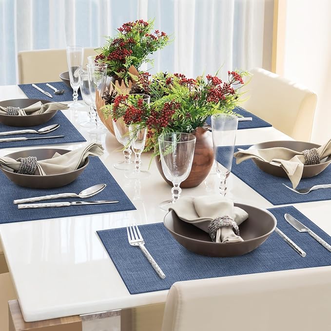 Faux Leather Placemats Set of 4 Washable PU Table mats for Kitchen Table - Heat Resistant, Waterproof, Easy Clean, Anti Slip 11.8" x 17" (Dark Blue-4 Pack)