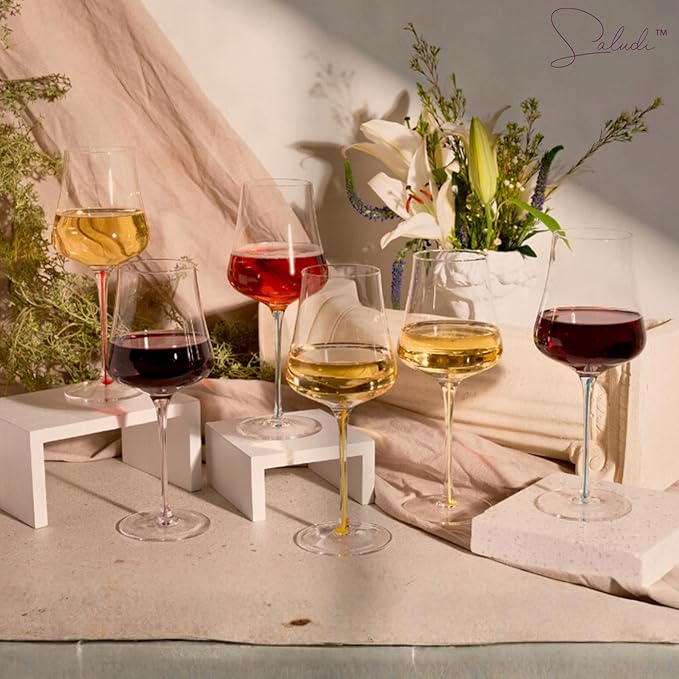 Saludi Tulip Colored Stem Wine Glasses - Set of 6 Hand Blown - Mixed Color Stems That Won’t Chip - Universal Tulip Bowl For Red And White Wine - Dishwasher Safe - Gift Ready