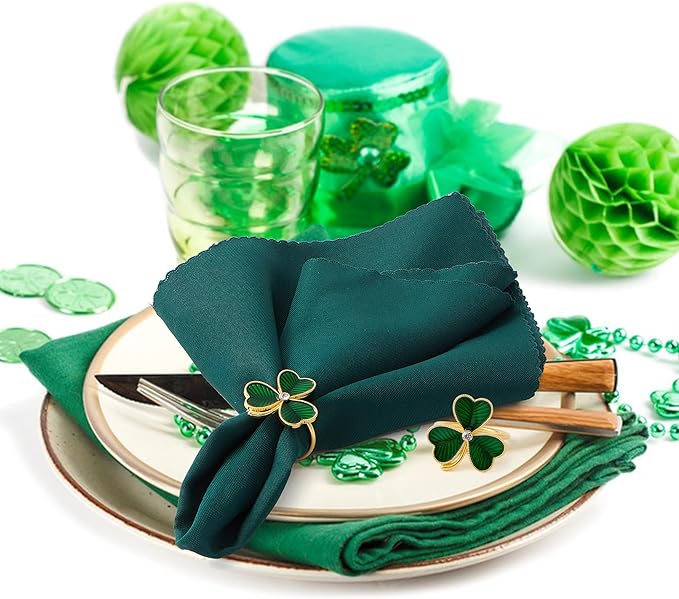 APTWOW Green St Patricks Day Shamrock Napkin Rings Set of 12 - Gold Metal Shamrock Napkin Holder, Spring Napkin Rings for St. Patrick's Day Party Wedding Table Decoration