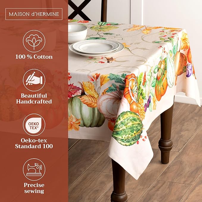 Maison d' Hermine Table Cloth Square Table 100% Cotton 60 x 60 Inches Fall Tablecloth Reusable Everyday Use for Thanksgiving Christmas Decorations Dining Farmhouse Party (Lumina)