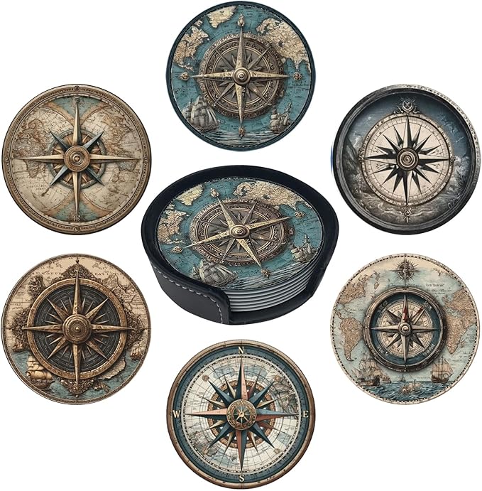 Nautical Compass Coasters for Drinks with Holder Round Leather Coasters Set of 6 Cups Mugs Mat Pad for Home Kitchen Bar