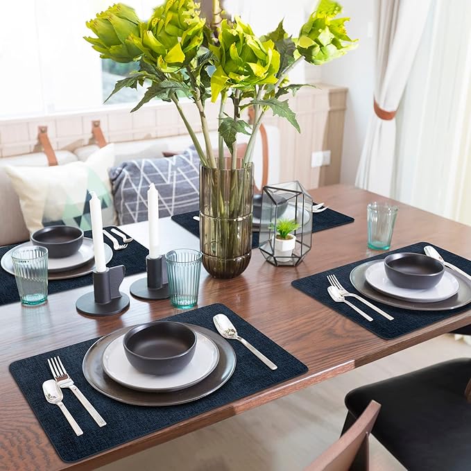 Placemats Set of 12 Washable, Heat Resistant Table Placemats Wipeable Faux Leather Place Mats Non Slip, Waterproof Square Table Mats for Indoor Outdoor, Dark Blue