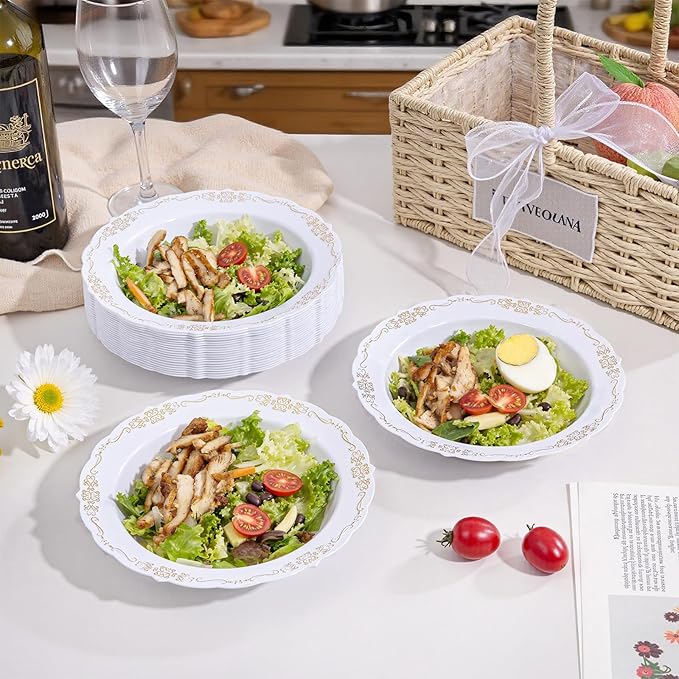 DaYammi 100 Pack Plastic Bowls with Gold Rim, 12oz Disposable Soup Bowls, Gold Plastic bowls Disposable Heavy Duty Dinner Bowl for Weddings, Plastic Serving Bowl for Parties, Catering and Everyday Use