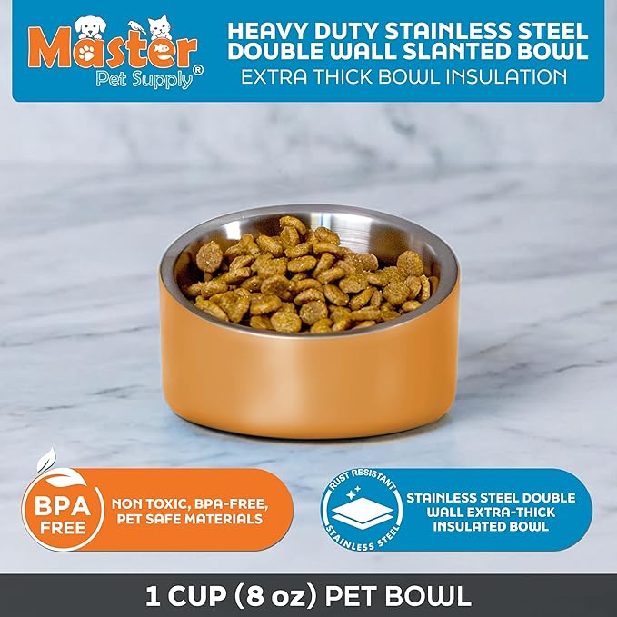 Master Pet Supply Stainless Steel Slanted Dog Cat Food Bowl - 8 oz Heavy Duty - Mango Tango, Double Wall Insulated, Non-Slip Elevated Bowl for French Bulldogs Pugs Cats, Anti Rust Dishwasher Safe