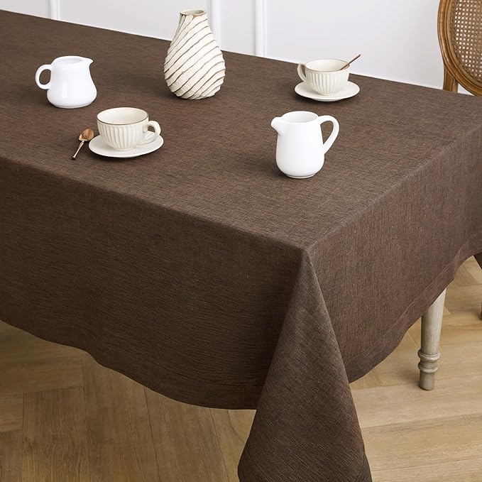 Solino Home Linen Tablecloth 60 x 108 Inch - 100% Pure Linen Chambray Brown Table Cloth for Rectangle Tables - Athena, Machine Washable Tablecloth