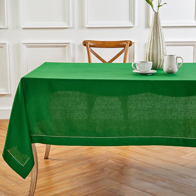 Solino Home Garden Green Linen Tablecloth 60 x 120 Inch - 100% Pure Linen Hemstitch Table Cloth for Rectangle Tables - Classic Hemstitch, Washable Tablecloth for Winter, St Patricks Day, Easter