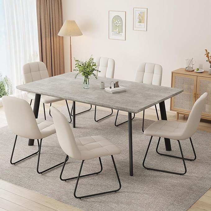 ZckyCine 46.5" Modern Grey Dining Table Set for Small Spaces, 5-Piece Set with Rectangular Table & 4 Padded Leather Chairs, Compact, Sturdy & Easy to Assemble (Table + 4 White Dining Chairs, 46.5")