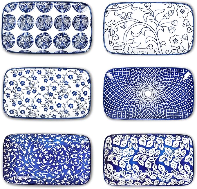 Selamica Rectangular Salad Plates, 7.1 Inch Dessert Plates Ceramic, Small Plates for Appetizer, Snack, Sushi, Fruit, Set of 6, Vintage Blue