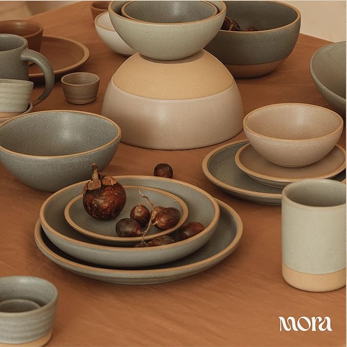 MORA Large Plates Set of 4, 10.5 inch Ceramic Pottery Dinner Plates - Microwave, Oven and Dishwasher Safe - Thyme