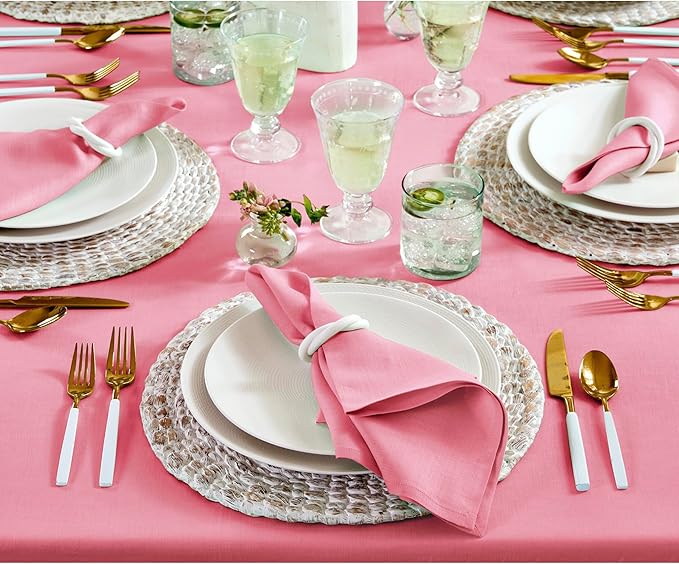 Solino Home Linen Tablecloth 52 x 52 Inch - 100% Pure Linen Pink Carnation Square Tablecloth - Fete, Machine Washable Table Throw for Valentines, Spring, Easter