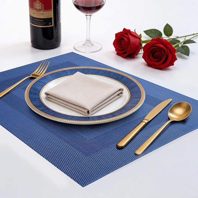 Timeet Blue Placemats Set of 8, Heat Resistant Non-Slip Place Mats, Durable Washable PVC Vinyl Woven Table Mats, Wipeable Placemats for Dining Table Easy to Clean