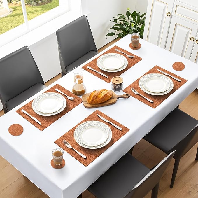 MOSAYT Placemats Set of 8, Heat Resistant Vinyl Place Mats with Coasters, Wipeable Washable 100% Waterproof Oil Proof Faux Leather Table Mats for Kitchen Dining Party Outdoor, 12" x 17", Orange