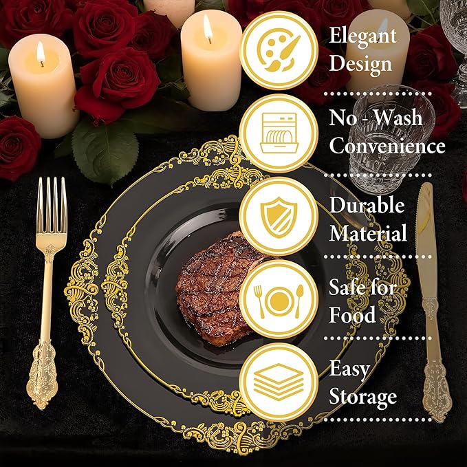 Nervure 100PCS Black and Gold Plastic Plates - 10.25Inch Black Disposable Plates - Black Plastic Dinner Plates for Wedding & Party & New Year