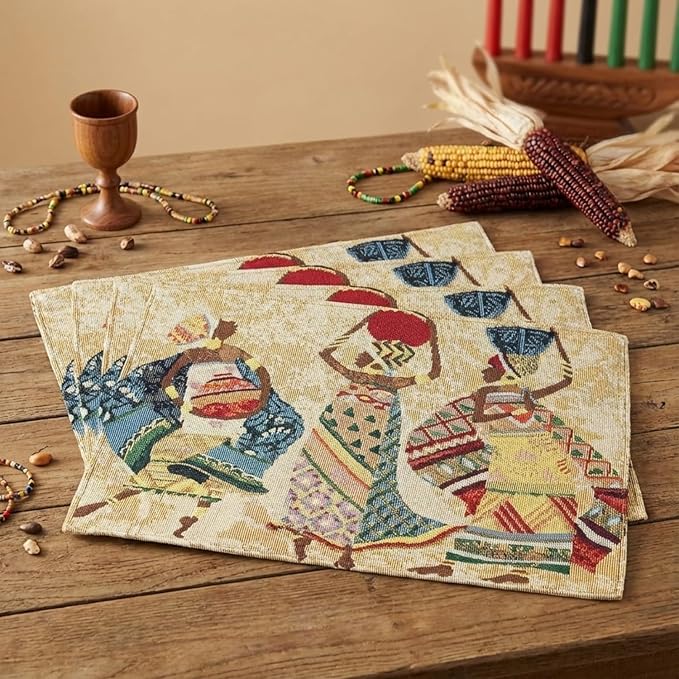 DaDa Bedding Dancing Women Tapestry Dining Table Placemats - Set of 4-Pieces Festive Celebrate Kwanzaa - Tribal African Tribal Culture - Decorative Cotton Linen Woven Kitchen Mats - 13” x 19” (18117)