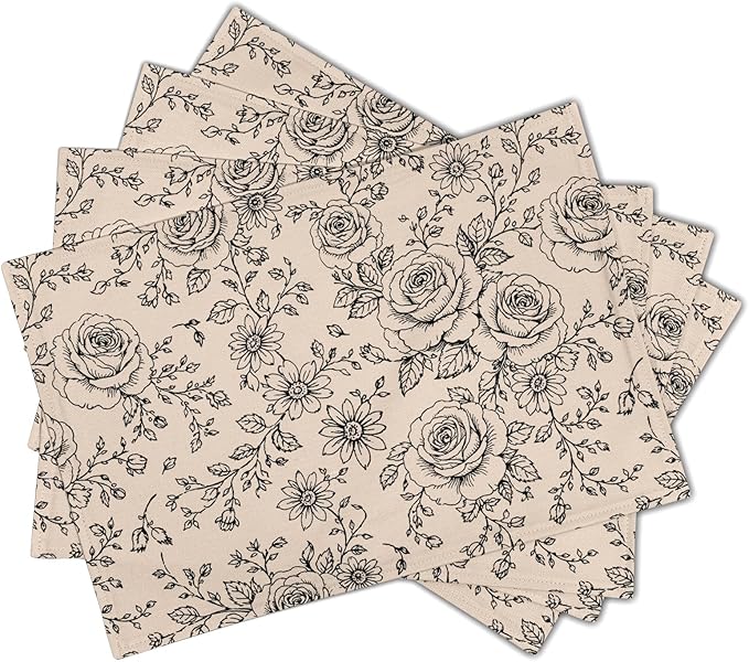 Rustic Floral Placemats - Country Place Mats Set of 4 Farmhouse Rose Flowers Tablemats 12x18 for Party Kitchen Dining