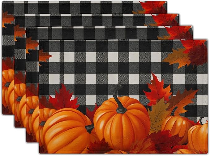 Pumpkins Placemats Set of 4 - Fall Buffalo Plaid Place Mats 12x18 Inch Autumn Farmhouse Pumpkin Table Mats for Kitchen Dining Room Thanksgiving Holiday Party