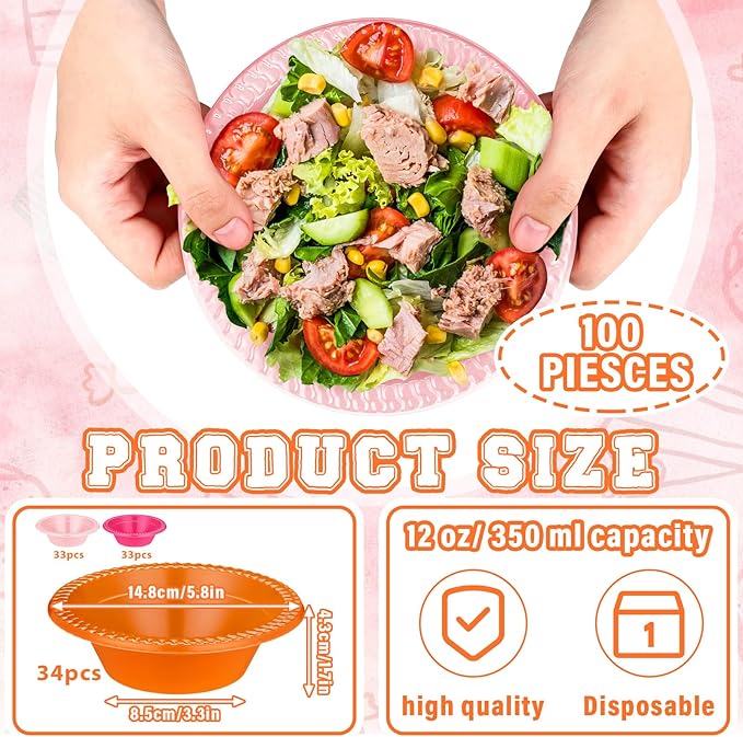 Layhit 100 Pcs Pink and Orange Disposable Plastic Bowls 12 oz Sunset Tropical Soup Dessert Salad Bowl Candy Snack Bowls Serving Supplies for Holiday Birthday Party Picnic