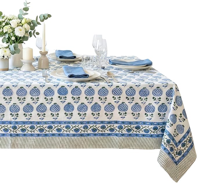 ATOSII Roma Blue 100% Cotton Rectangle Fall Tablecloth, Handblock Floral Print Linen Table Cloth for Kitchen Dining I Parties Outdoors Weddings Holidays I 72 X 140 Inches I 12 Seater