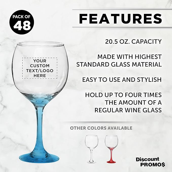 Custom Premiere Wedding Wine Glasses 20.5 oz Set of 48, Personalized Bulk Pack - Restaurant Glassware, Perfect for Red Wine or White Wine - Blue