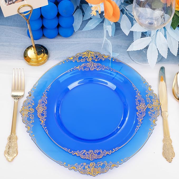 102PCS Blue Plastic Plates - Royal Gold Disposable Plates - Clear Blue Party Plate - Heavyweight Disposable Plate with Gold Rim - Fancy Dinner & Dessert Plates for 51 Guests Party Wedding
